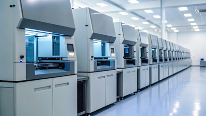Row of advanced laboratory equipment in clean, modern lab environment, showcasing precision and innovation in scientific research