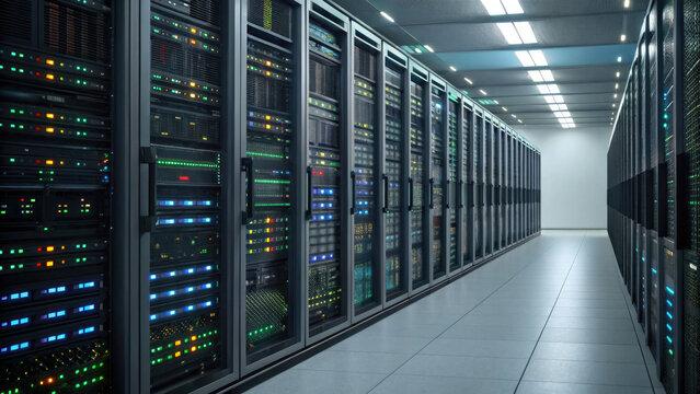 Modern data center with rows of server racks illuminated by colorful LED lights, showcasing advanced technology and efficient infrastructure