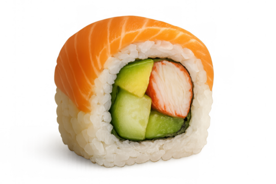 Uramaki sushi roll combining salmon, surimi, creamy avocado, and crisp cucumber against pristine white surface - Powered by Adobe