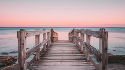 Fototapeta premium Wooden seaside pier stretching into calm sea with softly blurred horizon background under pastel sunset light