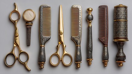 Professional hairdressing tools symmetrically arranged, showcasing precision and elegance in styling essentials.