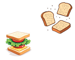Vsai sandwich with lettuce, cheese, tomato and slices of toast bread falling