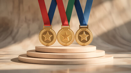 Gold medal with red ribbon isolated on white, a symbol of sport victory and military honor achievement