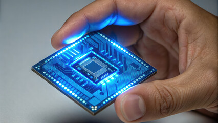 Close up of hand holding glowing blue microchip, symbolizing advanced technology and innovation in electronics