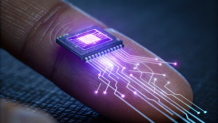 Glowing microchip on fingertip symbolizes advanced technology and innovation, with illuminated circuit lines representing connectivity