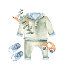 Baby Boy Composition in Eco style. T-shirt, Sweatshirt and pants, Sneakers with wooden car and dried plants. Watercolor Hand drawn illustration isolated on white background. For Gender party