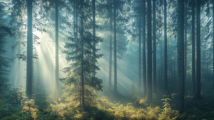 Sunbeams pierce through a lush green forest canopy, illuminating the misty morning air with ethereal shafts of light and revealing vibrant foliage.
