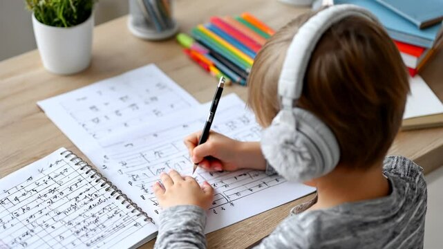 Table top closeup view of kid student hands writing doing math homework exercises in notebook with book on table. Learning classes for elementary school pupils. Study at home classroom concept