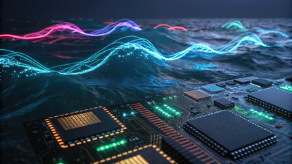 Futuristic concept of technology blending with nature, showing circuit board merging with ocean waves and glowing data streams