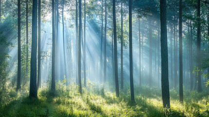 Sunbeams pierce through a lush green forest canopy, illuminating the misty morning air with ethereal shafts of light and revealing vibrant foliage.