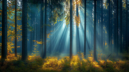 Obraz premium Sunbeams pierce through a lush green forest canopy, illuminating the misty morning air with ethereal shafts of light and revealing vibrant foliage.
