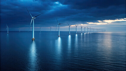 Row of offshore wind turbines stands illuminated over calm ocean waters under dramatic, cloudy evening sky, symbolizing renewable energy