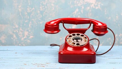 old vintage rotary red telephone on a blue table - Powered by Adobe