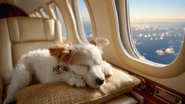 Jet-Setting Pup's Cloudside Dream: A pampered canine drifts into a peaceful slumber, resting luxuriously by a window, as it soars above a sea of clouds, framed by the elegance of an aircraft interior.