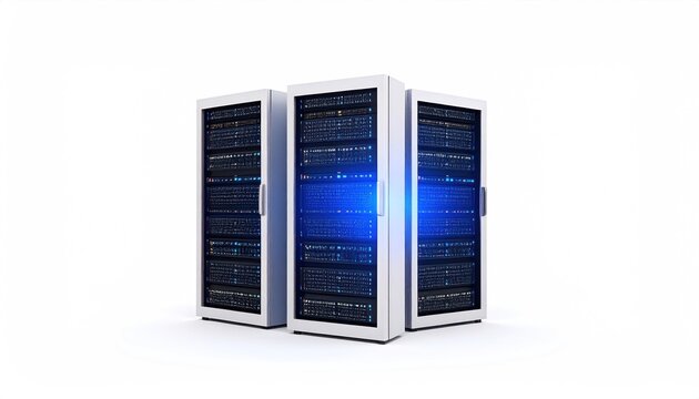 Three server racks conveying modern data center infrastructure and processing power