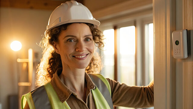 Confident female construction worker wearing safety vest and hard hat smiles warmly while standing indoors near window