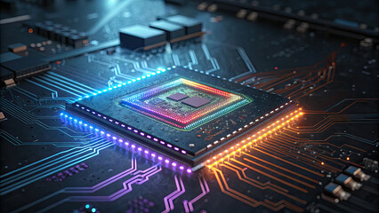 Fototapeta premium Glowing microchip on circuit board with vibrant neon lights, symbolizing advanced technology and innovation in computing