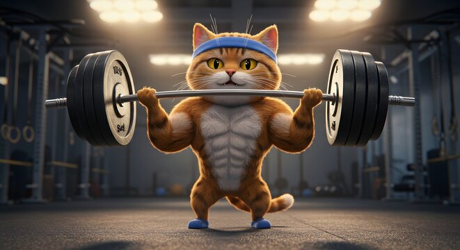Muscular Cat Lifting Weights 3D Illustration