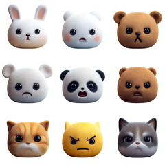 Cute expressive 3d animal face icons with various emotions on transparent background.