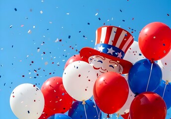 USA Independence Day Party Background, Patriotic Celebration with Uncle Sam Hat, Balloons, and Confetti