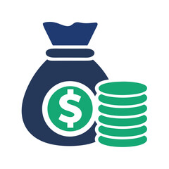 Money Bag and Stack of Coins Icon Dark Blue and Green Color Scheme Isolated on White Background