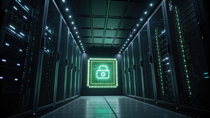 Secure data center with glowing green lock icon symbolizing cybersecurity, surrounded by server racks in futuristic, high tech environment