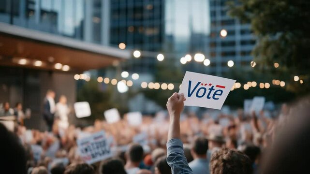 Dynamic footage of a voter rights rally featuring passionate participants holding signs and registration forms.