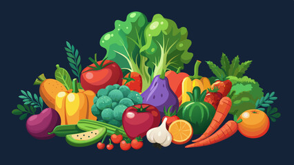 Vibrant assortment of fresh healthy vegetables and fruits arranged together