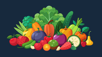 Vibrant assortment of fresh fruits and vegetables on a dark background