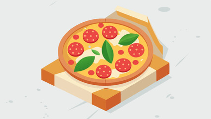 Delicious pepperoni pizza with fresh basil leaves in an open pizza box