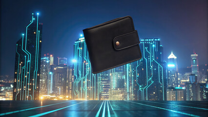 Sleek black wallet floating against futuristic cityscape with glowing neon lights and circuit like patterns, evoking modern and tech savvy vibe