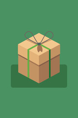 Simple brown gift box with green ribbon and bow on a green background
