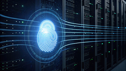 Glowing fingerprint icon with digital lines represents cybersecurity and data protection in server room environment