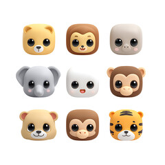 cute 3d cartoon animal faces with expressive large eyes in soft pastel colors on transparent background.