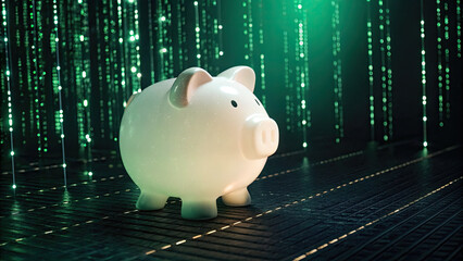 Glowing piggy bank stands on futuristic digital surface, surrounded by green matrix like light streams, symbolizing digital savings and technology