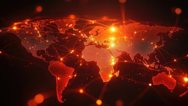 Global network map, fiery orange glow