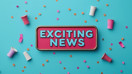 A vibrant image with a pink sign reading "EXCITING NEWS" surrounded by colorful confetti and party poppers on a blue background.