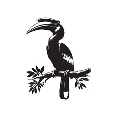 Stylized black silhouette of a hornbill bird perched on a branch
