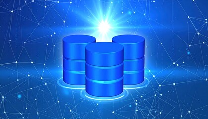 Three-Dimensional Database Cylinders on a Futuristic Blue Digital Networkscape