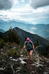 woman hiker high up in the mountains