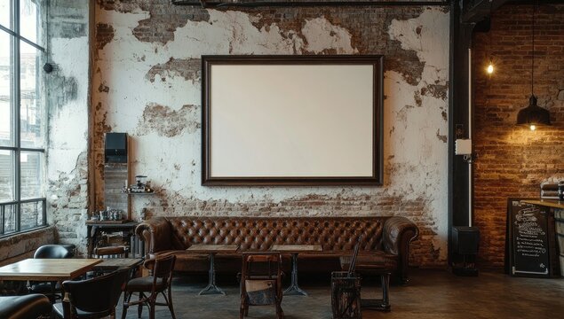 Industrial-chic cafe interior with large blank display