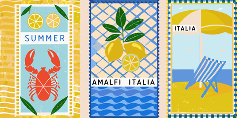 Summer in Italy Amalfi Coast and Beach Holiday Postcard Illustration Set