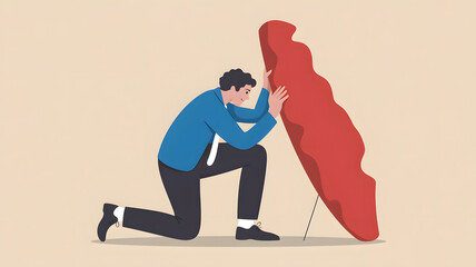 Businessman on the phone with a red background, a vector illustration of a person holding a red flag