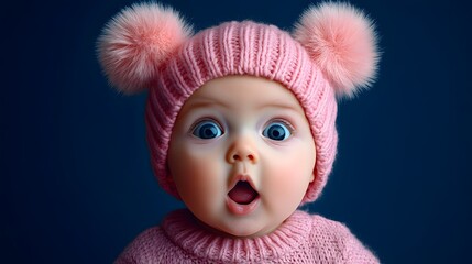 Adorable Baby Wearing Pink Knit Hat with Pom-Poms on Blue Background