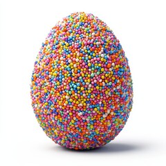 Obraz premium Easter egg covered in colorful candy sprinkles, isolated on white background