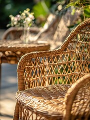 Comfy wicker patio set with two chairs and table in sunlight. Perfect for a relaxing day outdoors.
