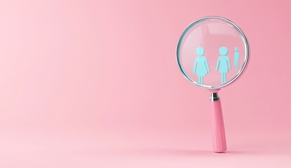 Pink magnifying glass focuses on light-blue figures