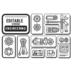 Collection of black and white engineering icons and symbols with editable stroke