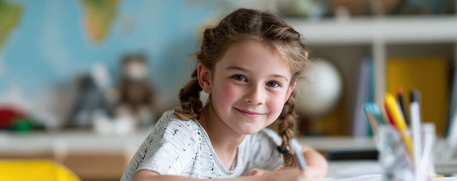 Smiling young girl with braids studies at her desk, capturing the essence of childhood learning and creativity. Ideal for education, family, and lifestyle content. - Powered by Adobe