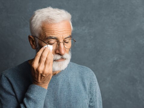 Elderly man applying artificial tears for eye irritation symptoms indoor setting portrait calm environment